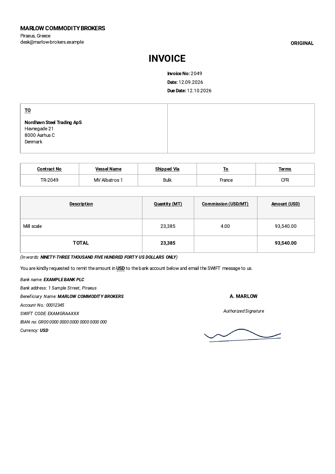 A sample TinyInvoice PDF with contract, vessel, commission per MT and bank details